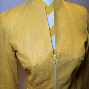 Lafayette 148 New York Yellow Leather Jacket Fitted Collarless Design